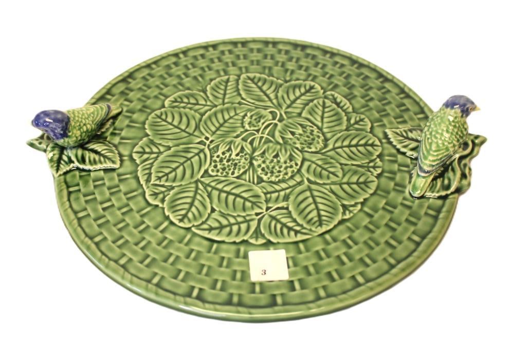 NEW Bordalio Pinneiro "Country Curtains" round basket CABBAGE leaves weave serving platter w/ birds (1 of 4)