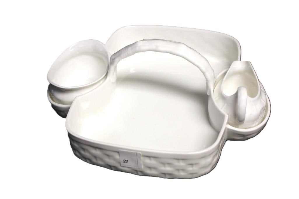 NEW Tiffany & Co/ Hammersley& Co. bone china tea service. lot of 3 pieces signed: Tiffany & Co Mug/ Hammersley & Co. 11" long, 11" wide. white bone china tea service basket, creamer, & sugar bowl. Made in England.