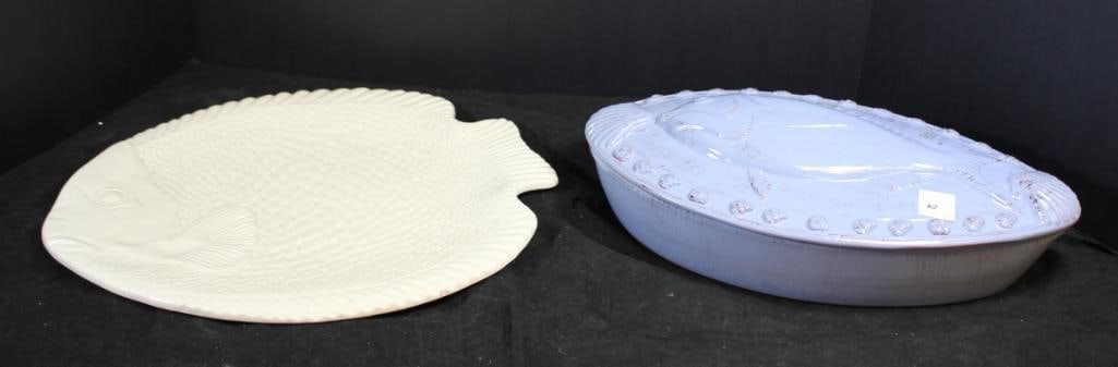 NEW lot of 2 fish themed ceramic items; White fish platter; Blue baking dish with lid clay and (1 of 7)