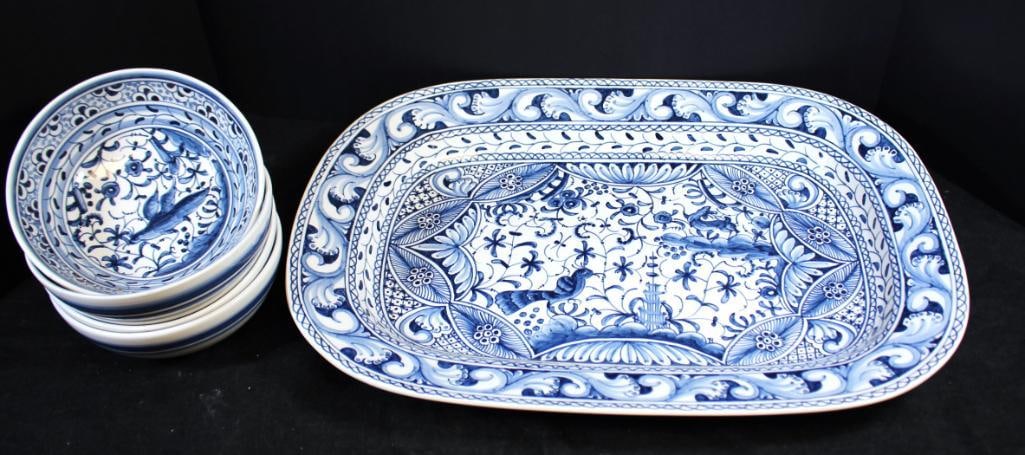 NEW in the box Large serving tray and 4 small bowls; Blue/white Pintado a Mao hand painted made in (1 of 7)