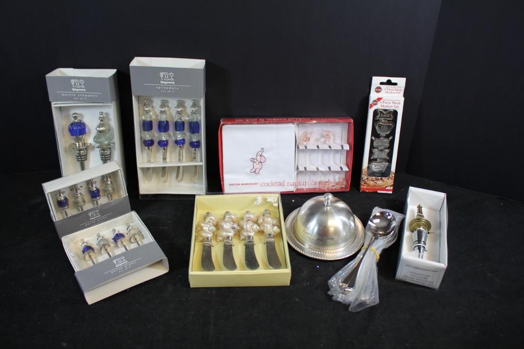 NEW Zodax assorted serving pieces-wine stoppers, covered serving dish, spreaders, spoons: covered round serving platter 5 1/2", 6 spoons, 2 boxes of 4 party picks, stainless steel meat markers, 2 boxes of 4 spreaders, 3 wine stoppers
