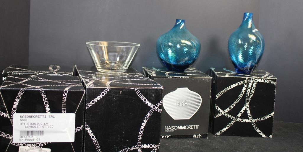 NEW Nason Moretti Lot of 6 boxes Transparent Finger bowls and Bibi Torse Aquamarine vases: 4 transparent finger bowls & 2 Bibi Torse Aquamarine Vases. In boxes