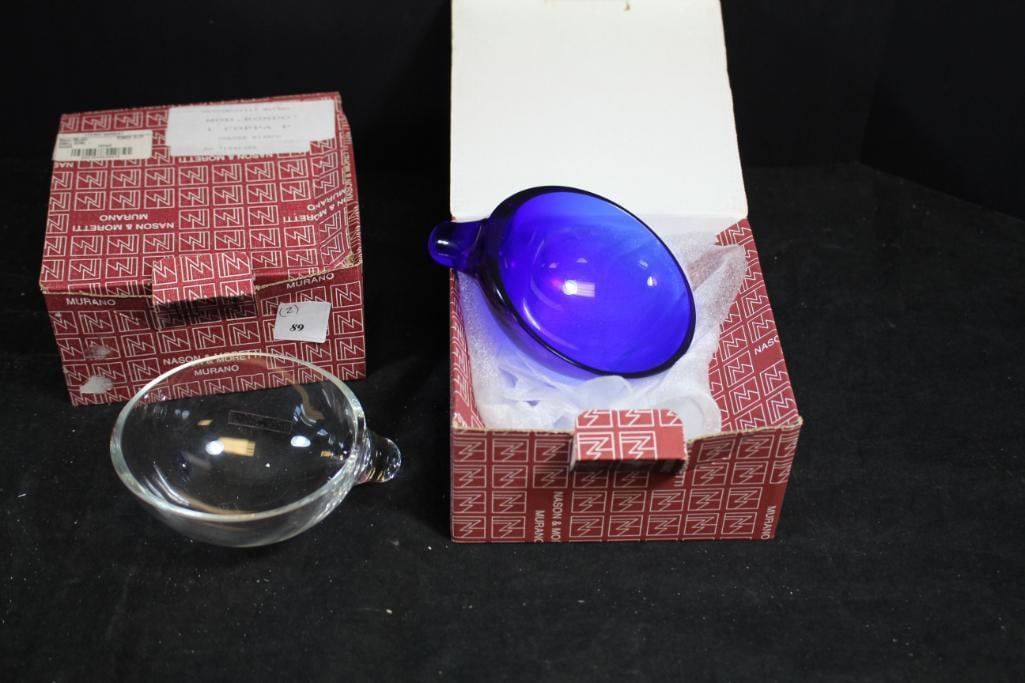 NEW Nason & Moretti Lot of 2 boxes glass bowls Made in Italy: 2 Murano glass bowls 4 1/2" x 4" blue and clear. Made in Italy