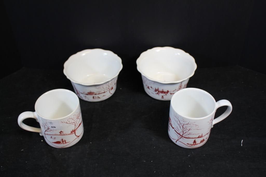 NEW Juliska Country Estate "Winter Frolic" lot of 4 mugs and bowls. Made in Portugal: Country Estate "Winter Frolic" 2 Mugs 4" high and 2 bowls 3" high 5 1/2" diameter. Made in Portugal.