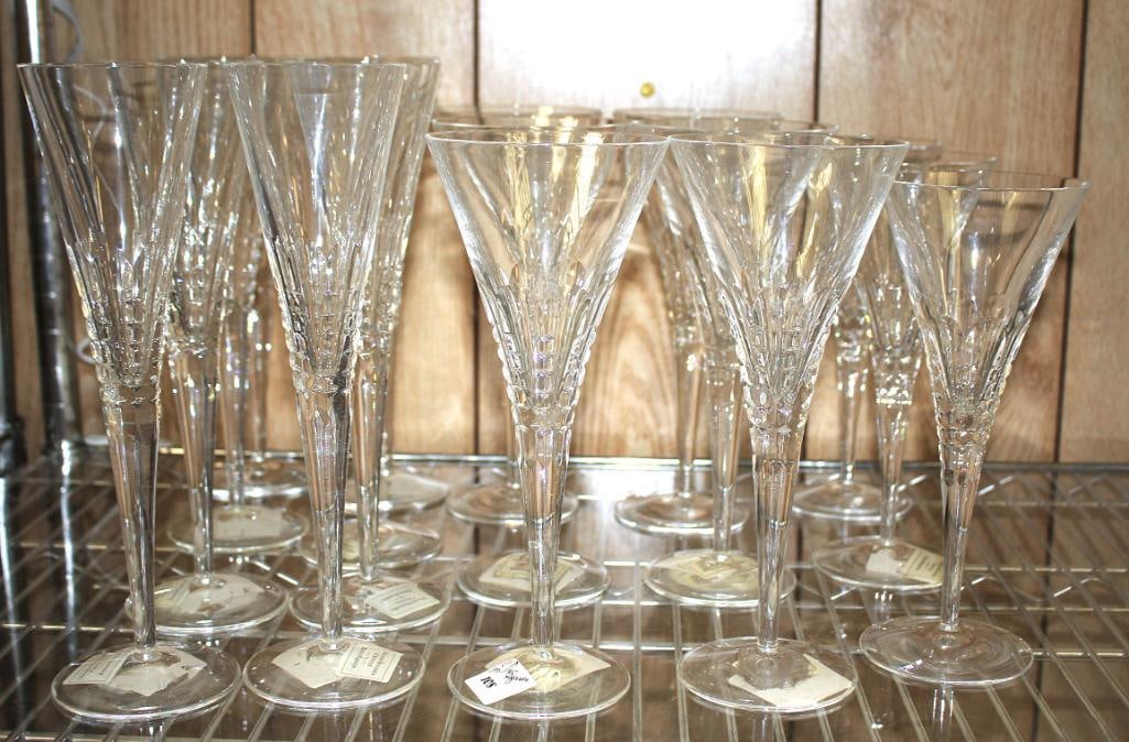 NEW Miller Rogaska Crystal by Reed & Barton lot of 17 assorted crystal long stem glasses: 6 wine glasses 9 1/2" tall, 8 champagne flutes 10 1/2" tall, 3 water goblets 9" tall.