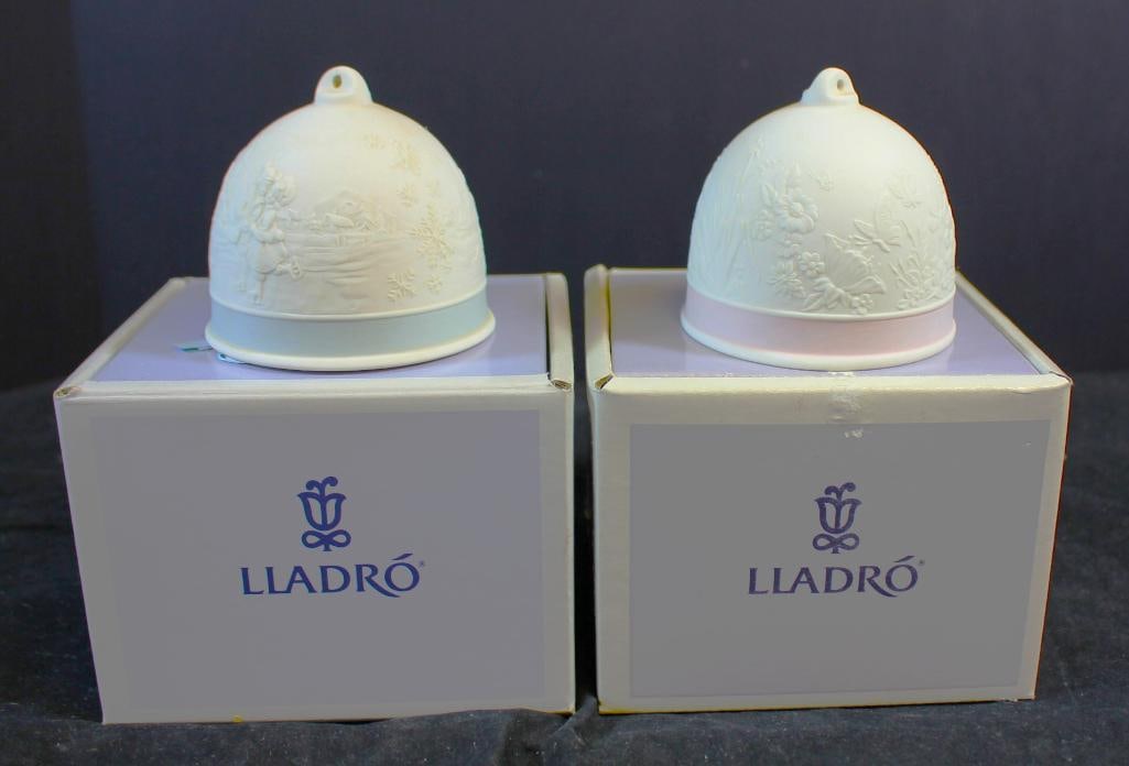 Lladro Lot of 2 Christmas Bells in original boxes: Fall Bell and Winter Bell 3" high
