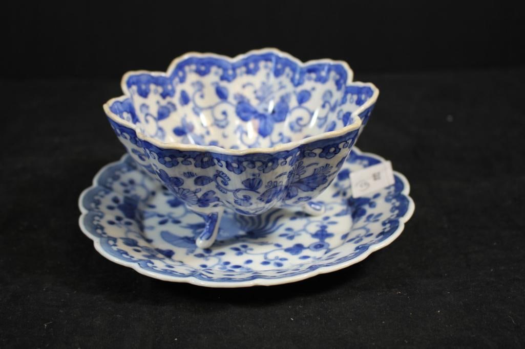 Vintage Blue Falcon  Lot of 2 Blue and White Floral Plate and Footed Dish Signed (1 of 5)