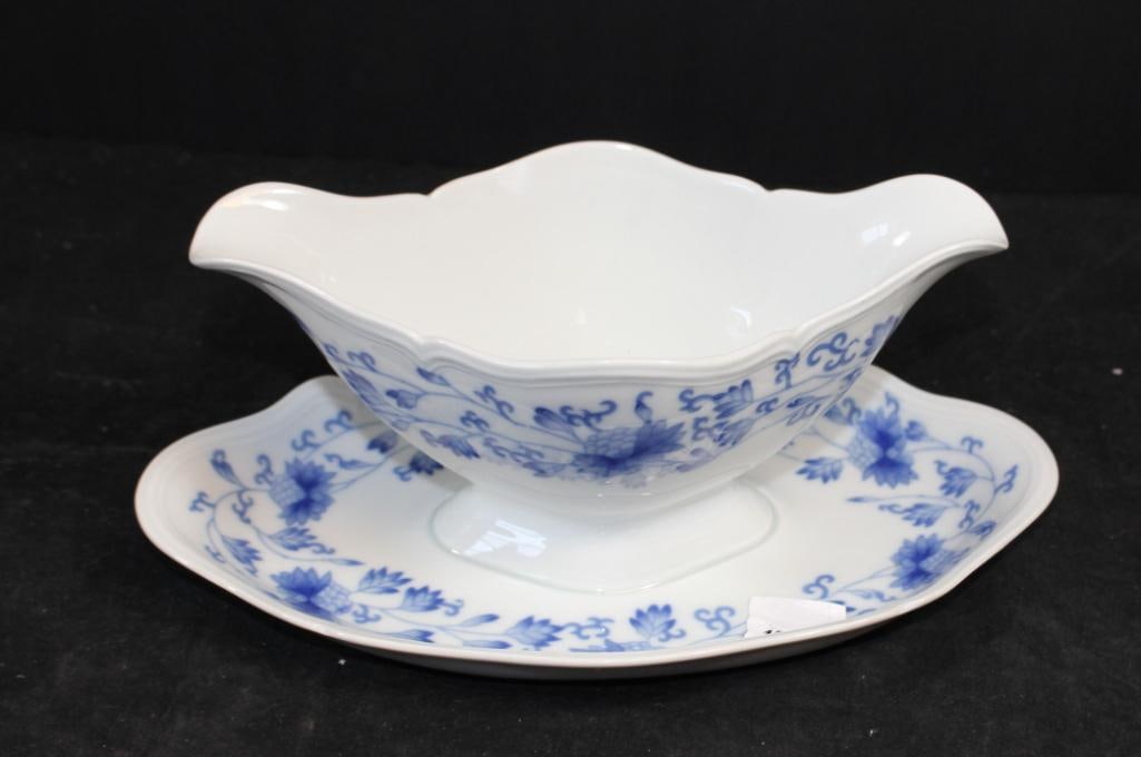 NEW Limoges Blue and White Floral Gravy Boat: 9.5" long x 4" high