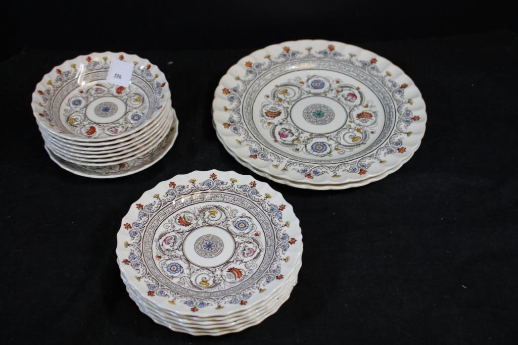 Spode Lot- 7 Small bowls, 1 Saucer, 6 Small Plates and 2 Large Plates: Small Bowls- 5.25" in diameter, saucer- 5.5" diameter, small plates- 6" diameter, large plate- 9" diameter