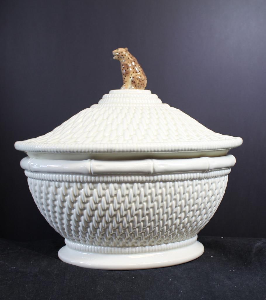 NEW Raymond Waites Covered Tureen with Leopard Topper: 11.25" long x 6" tall