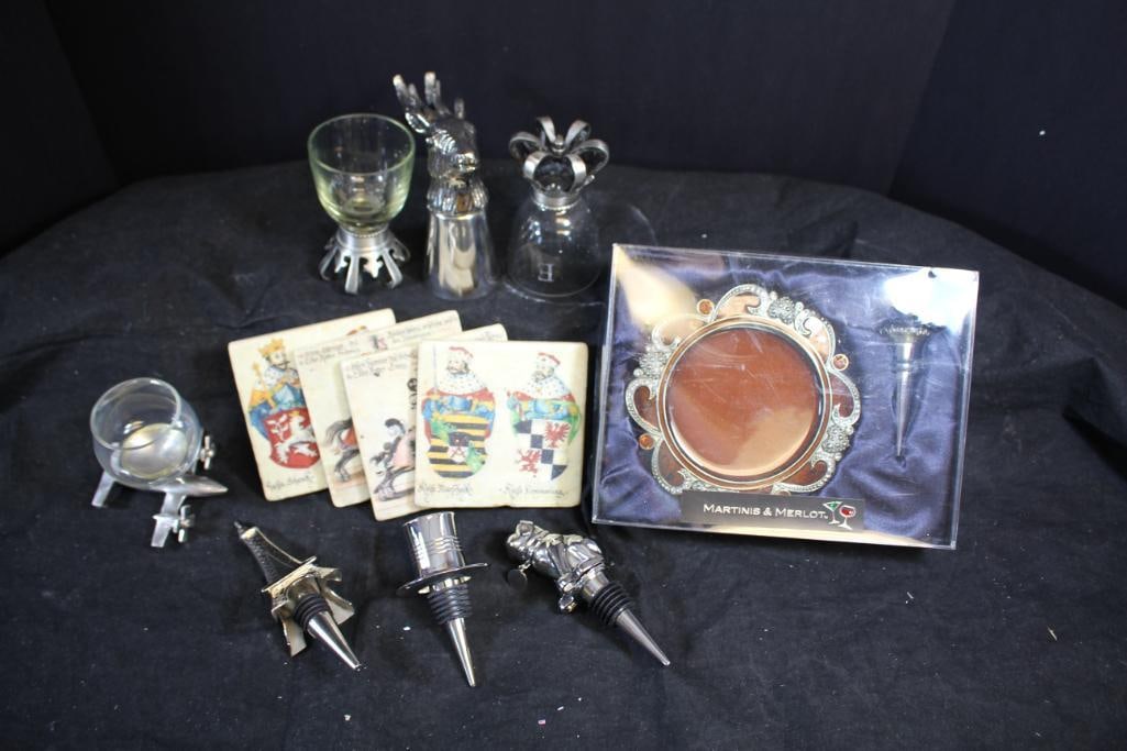 NEW Pottery Barn Lot of 8- Eiffel Tower Wine Stopper, Bulldog Wine Stopper, Plane Shot Glass, Stag: Eiffel Tower- 6" tall, bulldog, 6" tall, coasters- 4" square, crown shot glasses- 4" tall