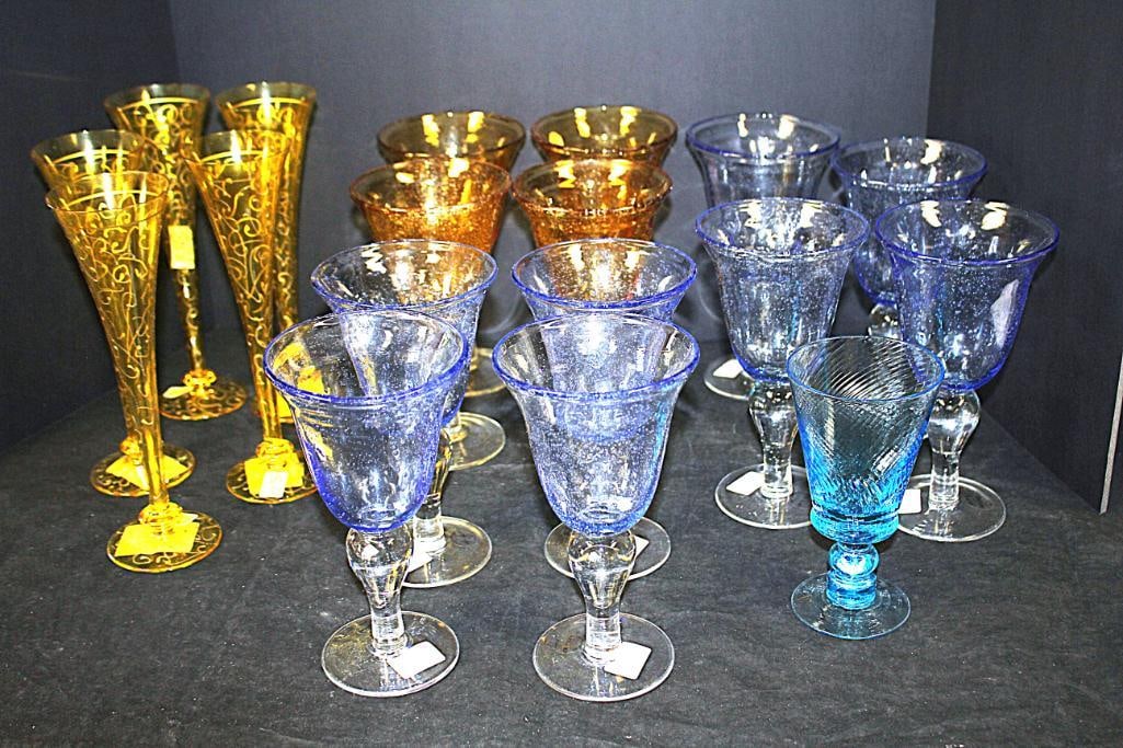 NEW Royal Danube hand painted crystal Made in Romania, Artland handcrafted, and assorted glassware: NEW 5 hand painted made in Romania crystal yellow champagne flutes 10"h, 4 yellow hand blown glass wine 8"h, 8 blue hand blown wine goblets 8"h, 1 blue glass wine goblet