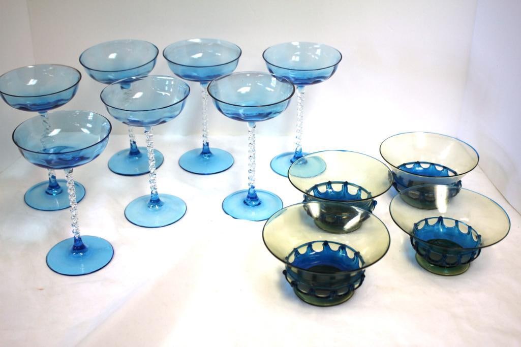 NEW lot of 7 blue stemmed wine goblets and bowls: NEW 7 blue stemmed glasses 6 1/2"h, 4 blue glass bowls 3"h 5"w