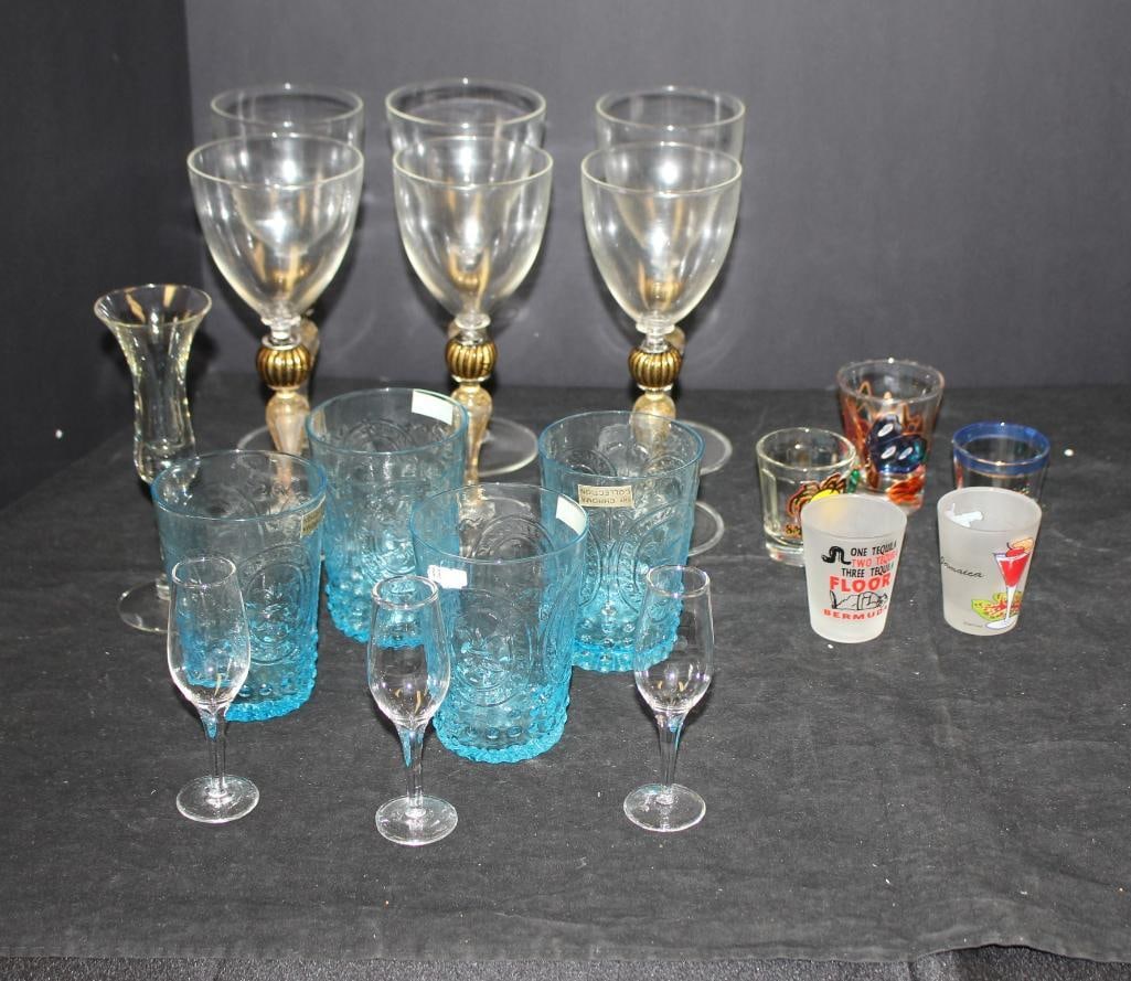 NEW lot of 19 Wine glasses including 6 Murano wine glasses, blue glass tumblers, cordial glasses,: 6 gold fleck Murano wine glasses 8"h , 4 blue glass tumblers 4"h, 5 assorted shot glasses, 3 cordial glasses 4 1/2"h, 1 whisky glass 6"h