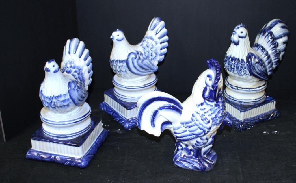 NEW Lot of 4 blue/white ceramic hens and rooster large figurines (1 of 4)