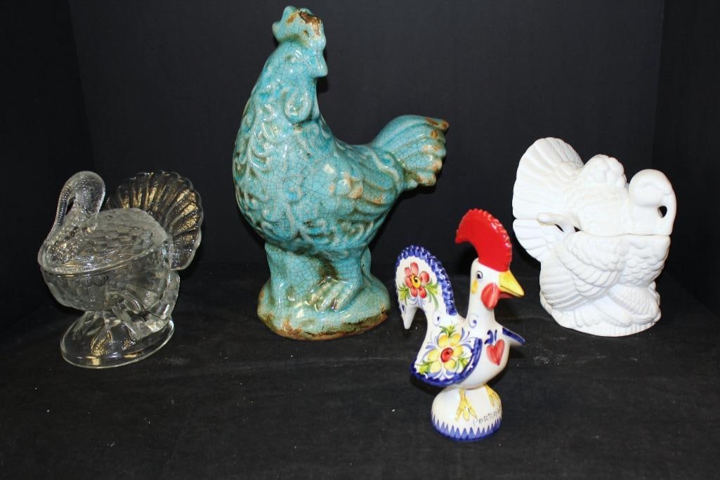 white ceramic turkey tureen, glass turkey covered dish, blue ceramic chicken, hand painted chicken. (1 of 8)