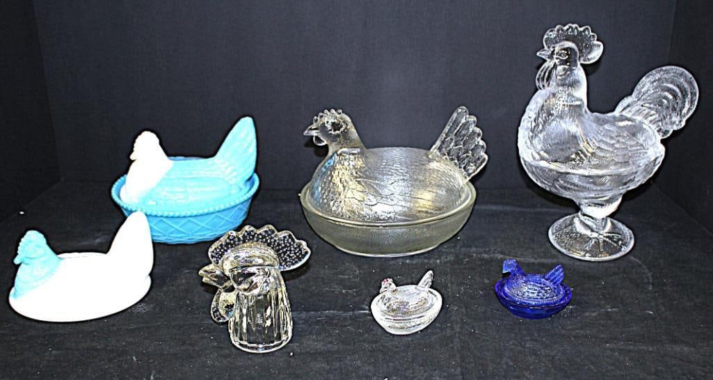NEW lot of 7assorted color/size glass covered glass hens roosters chickens clear, blue white milk (1 of 9)