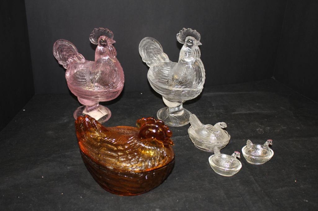 NEW lot of 6 assorted color/size chicken hen rooster  covered dishes pink clear amber (1 of 9)