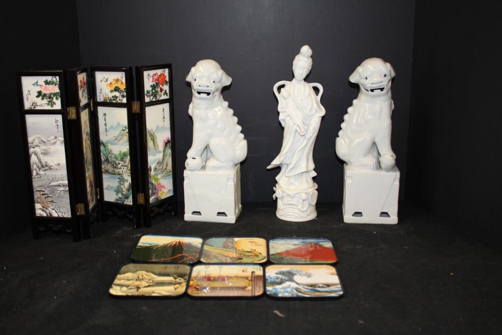 New Chinese white ceramic figurines Food Dogs, Female, 6 coasters from Japan, table top screen (1 of 11)