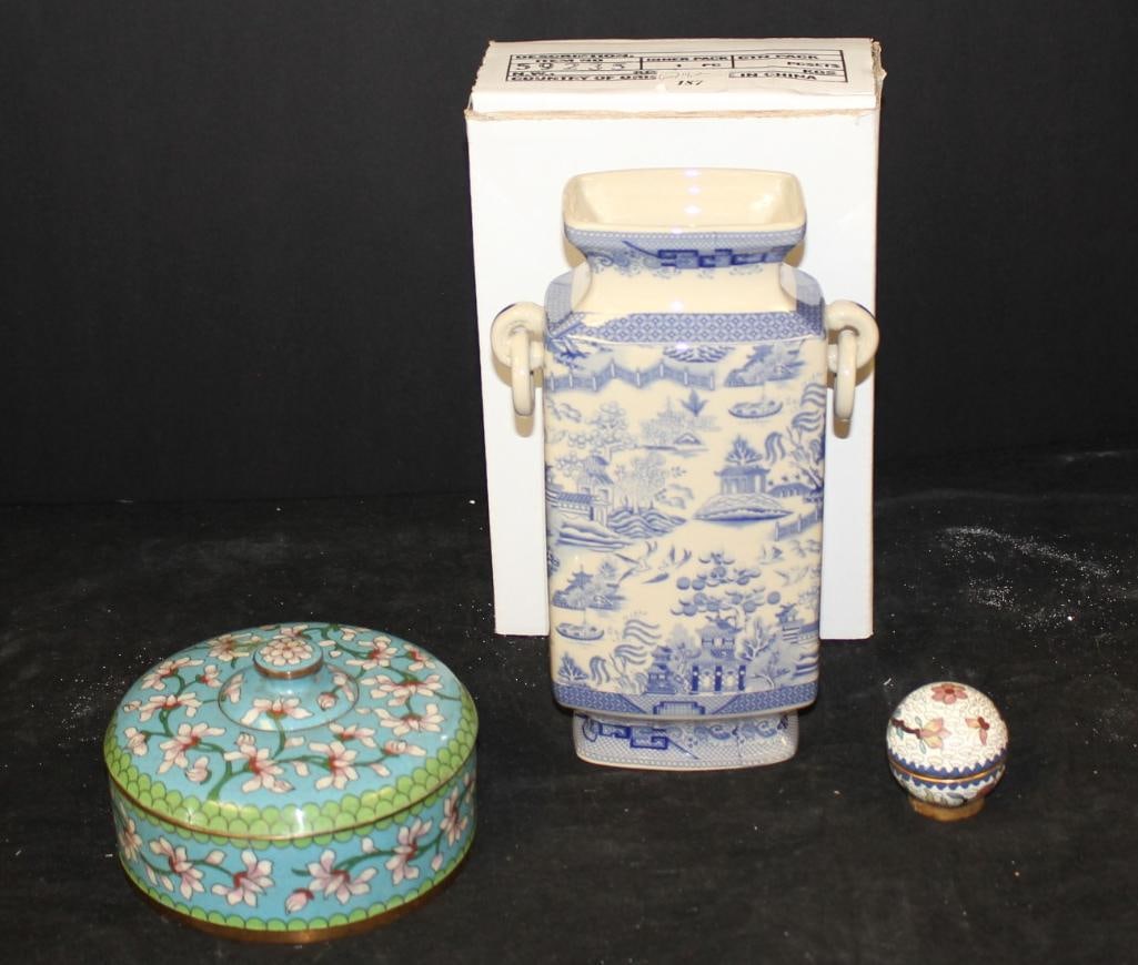 NEW 2 Blue and white oriental design vases, one in box. 2 enamel over copper oriental trinket boxes (1 of 7)
