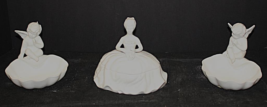 NEW Pair of Paris Royal white ceramic angel dishes & white ceramic doll covered dish (1 of 6)
