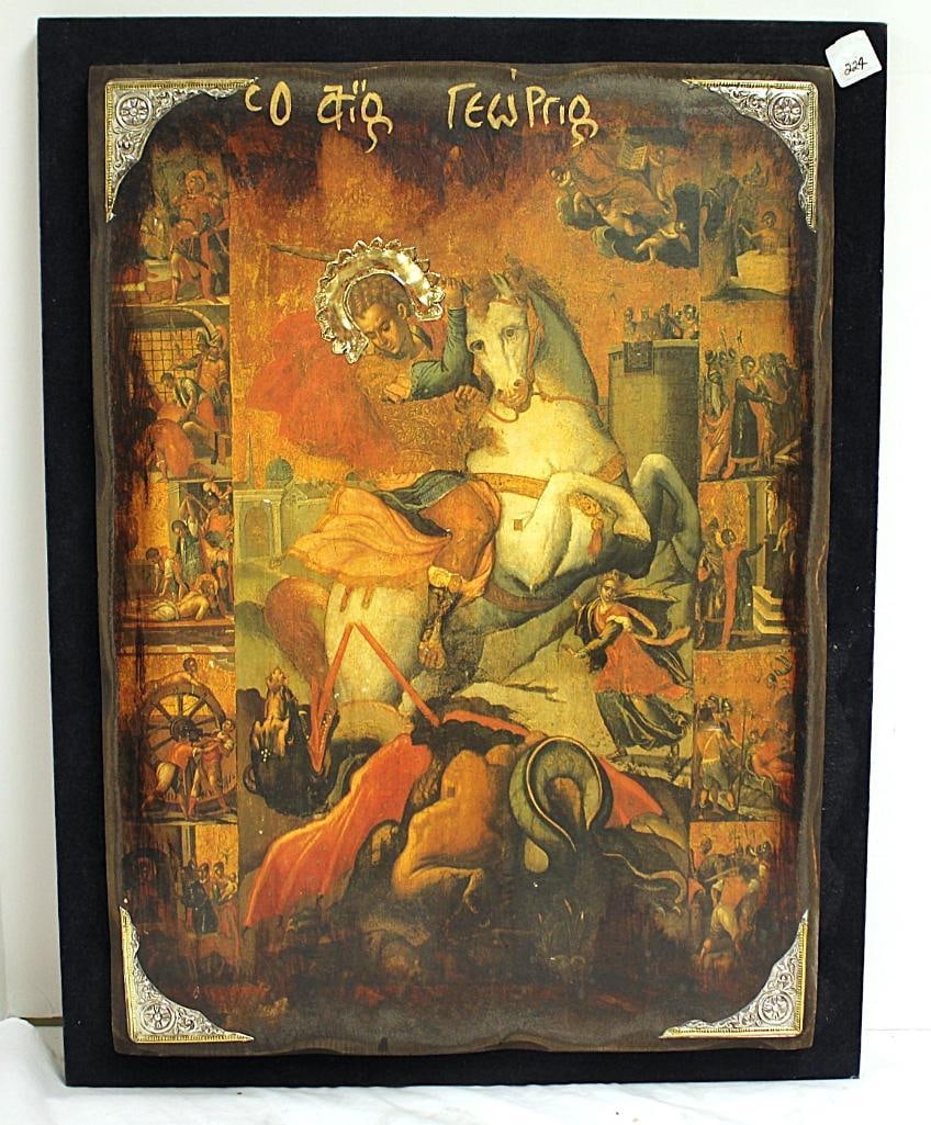 Vintage Icon  Painting of Saint George Life scenes on wood mount and sterling Silver accents. Est. (1 of 6)