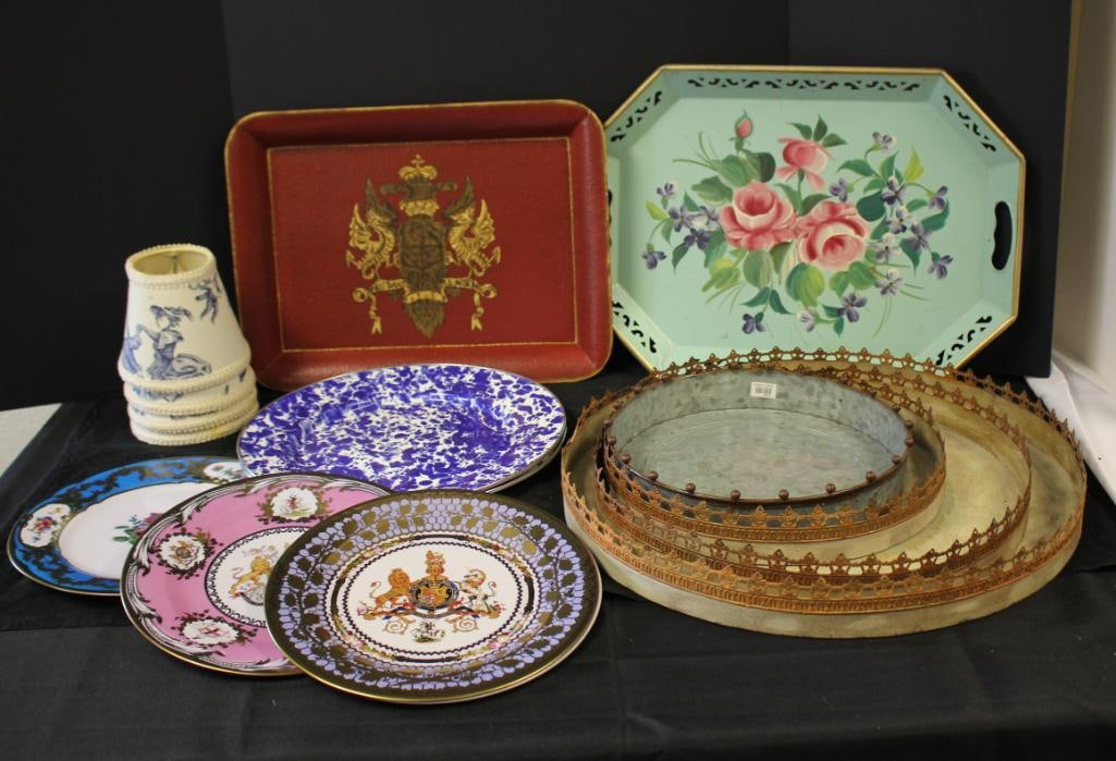 NEW lot of 14 assorted metal trays, plates, & fabric lamp shades (1 of 9)