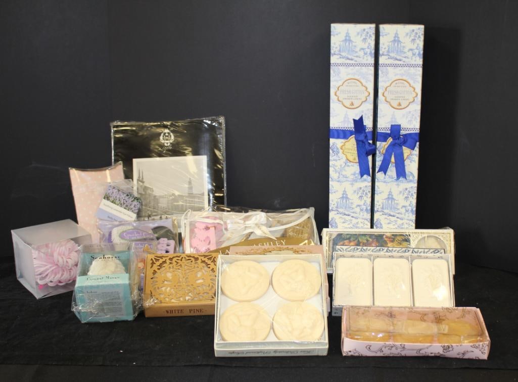 NEW lot  of 16 assorted boxed soap sets, scented drawer liners, pedicure sets, shower curtain, bath (1 of 4)
