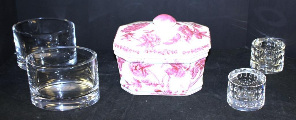 NEW lot of 5 glass vases, Oleg Cassini signed glass candle holders, & ceramic box w/ lid (1 of 6)