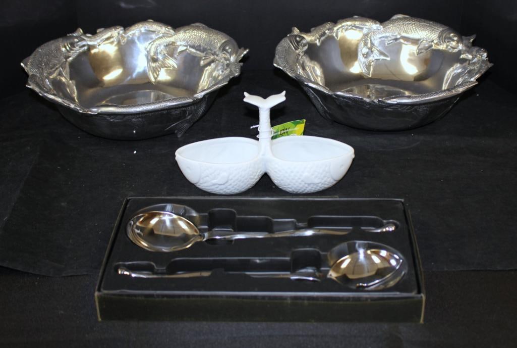 NEW lot of 4 silver fish bowls, salad serving utensils, & ceramic fish condiment server (1 of 6)