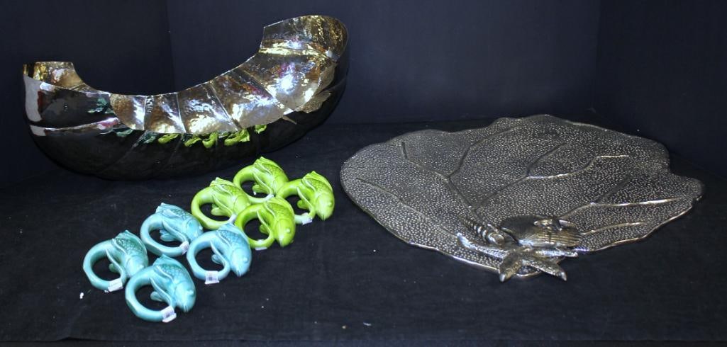 NEW lot of 10 Arthus Court silver coral serving tray, Pewter silver tone  shell bowl, ceramic fish (1 of 5)