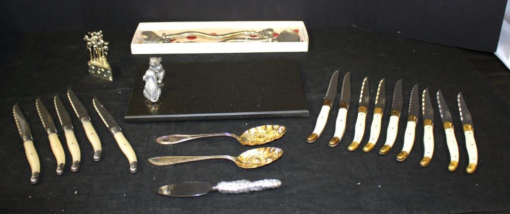 Vintage Lot of 20 Cutlery silverplate spoons, cheese knife & board, Laguiole steak knives (1 of 10)