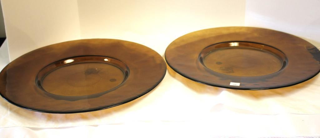 NEW Lot of 2 Large  Amber Colored Recycled Glass Round Serving Platters (1 of 2)