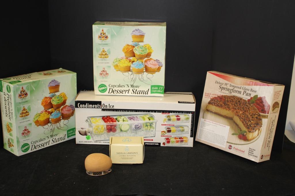 NEW Set of 4 Entertaining Baking Kitchen Accessories Pans plus: 1 - 10" springform pan with glass base, 2 cupcake stands (holds 13 cupcakes), Acrylic 5 compartment Service Bar with ice chamber, Nigella Lawson parmesan cheese grater