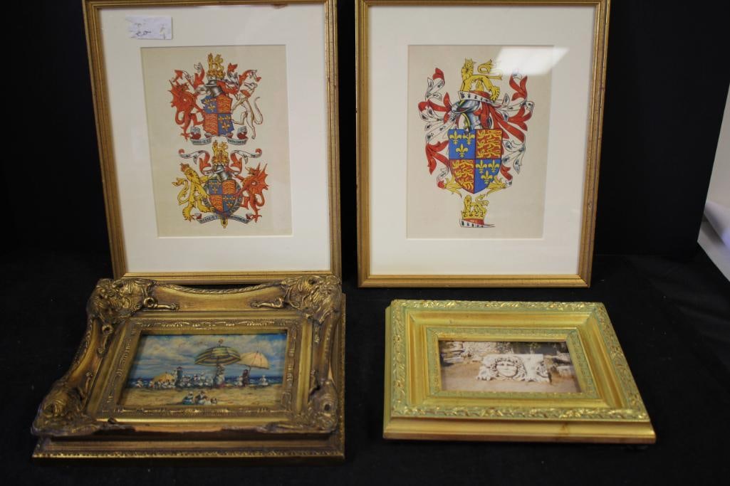 NEW 4 Pictures- 2 pictures of Crests, Seaside Painting in Gold Ornate Frame, Framed picture of Head (1 of 9)