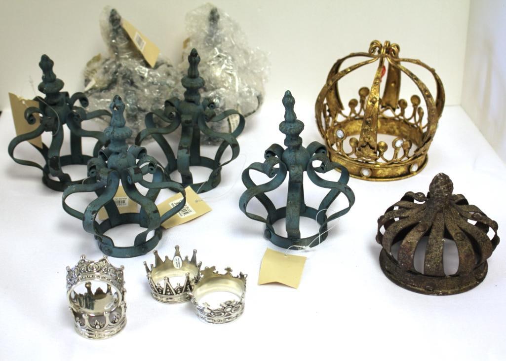 NEW Lot of 12 Metal Crowns (table top): 6 blue crowns- 5.5" tall, gold crown with white gems- 5.5" tall , short crown- 4" tall, 4 silver crown napkin rings- 1" tall