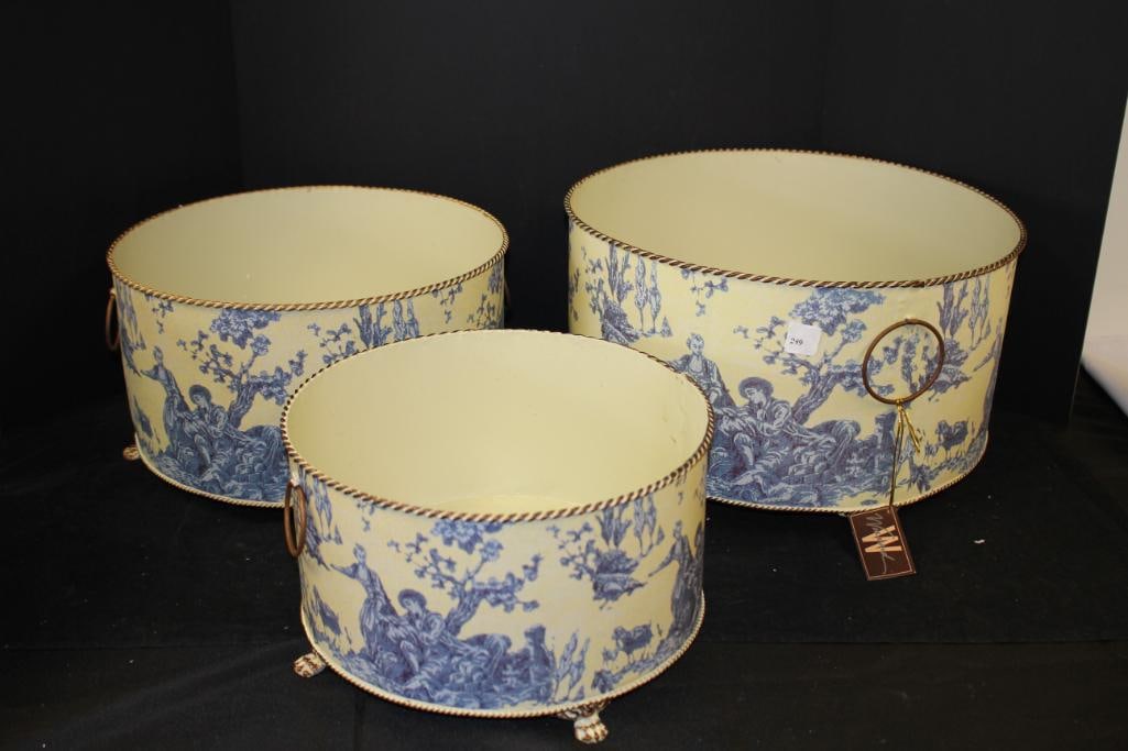 NEW Lot of 3 Round Blue & Ivory Country Toile Centerpiece Tins Nesting: Large- 9" high x 16" diameter, Medium- 8" high x 14" diameter, small- 7" high x 12" diameter