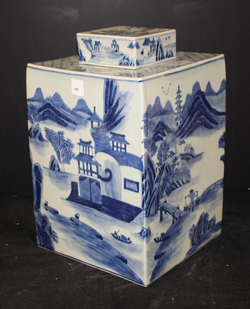 NEW Blue and White Porcelain Chinese Scenery Tea Square Jar with Lid (1 of 5)