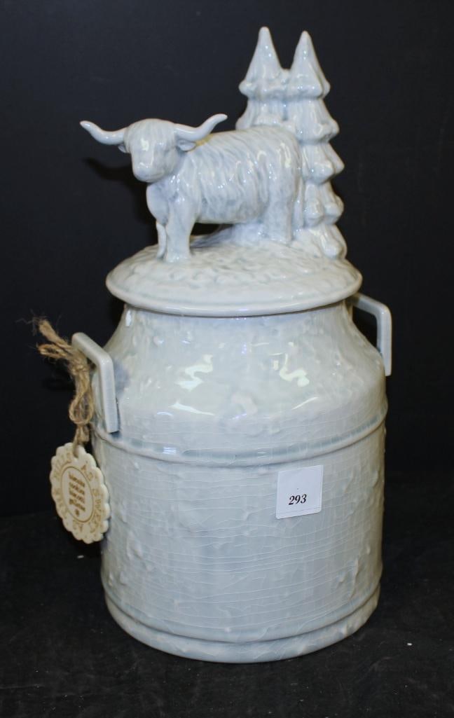 NEW Lidded Glazed Pottery Cookie Jar with Ox and Tree Lid: 13.5" tall