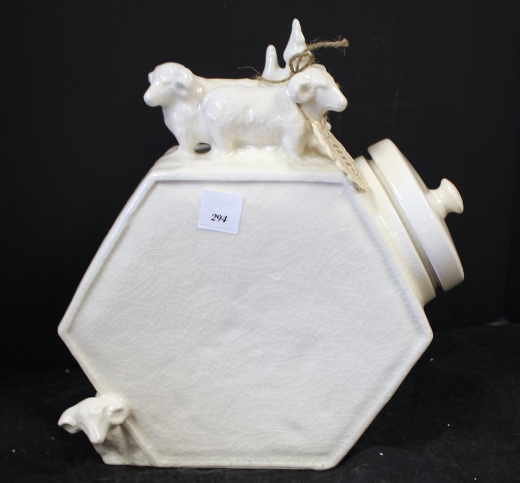 NEW White Glazed Cookie Jar Front Opening with Rams and Trees: 13" tall