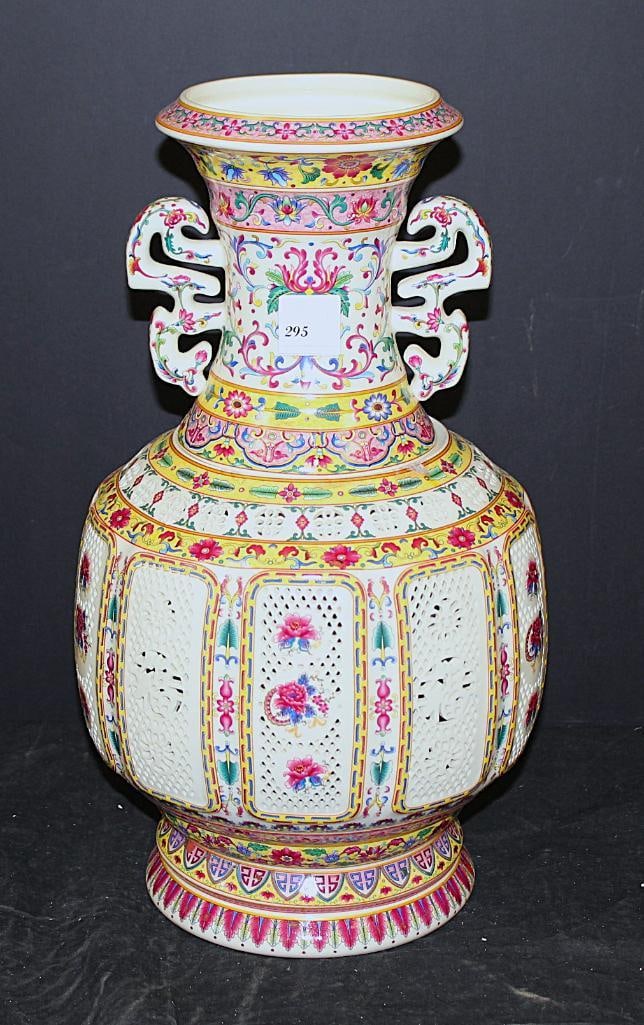 NEW Ceramic pink and white pastel Pierced double handled Vase chinese signed (1 of 8)