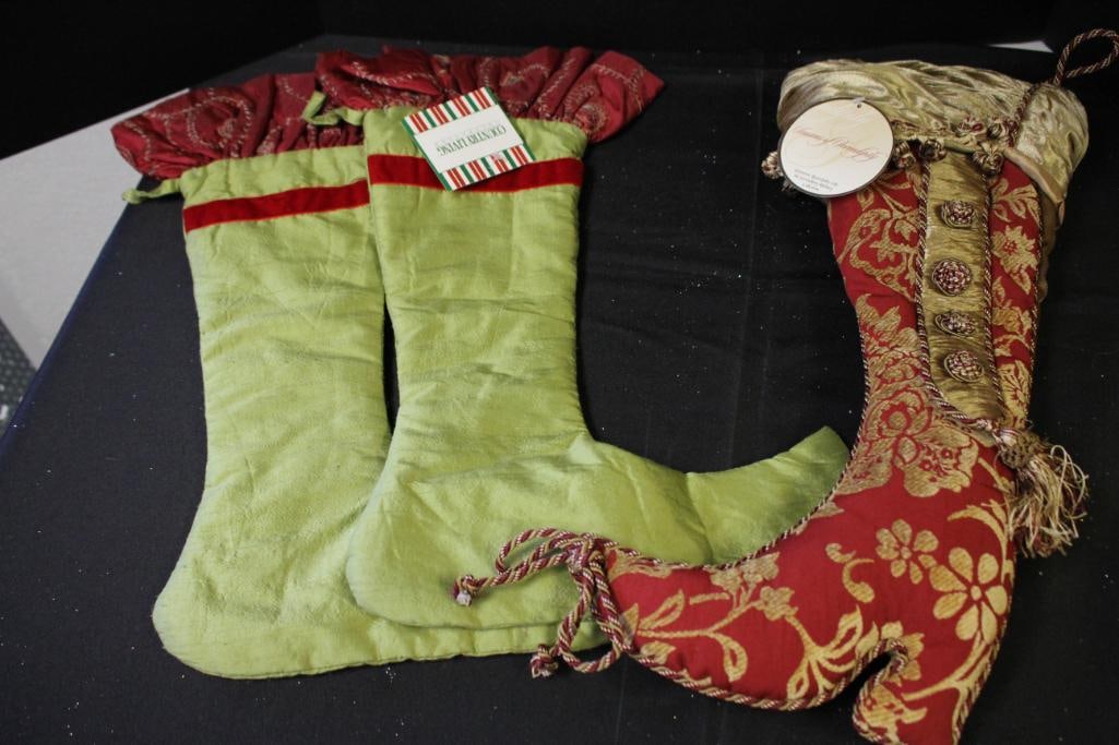 NEW Lot of 3 Christmas Stockings: 2 green with burgundy ruffle (19.5" tall), burgundy and gold (20" tall)