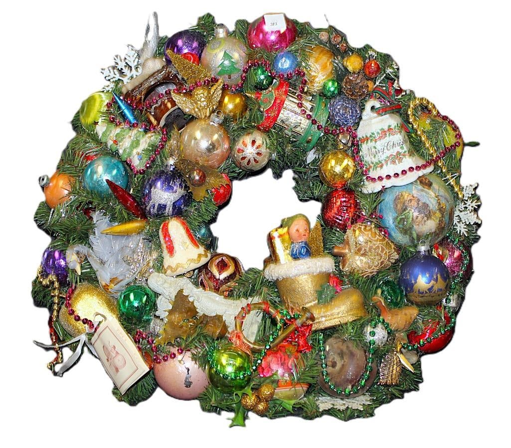 Vintage large handmade Christmas wreath w/ assorted vintage ornaments & glass ornaments (1 of 4)