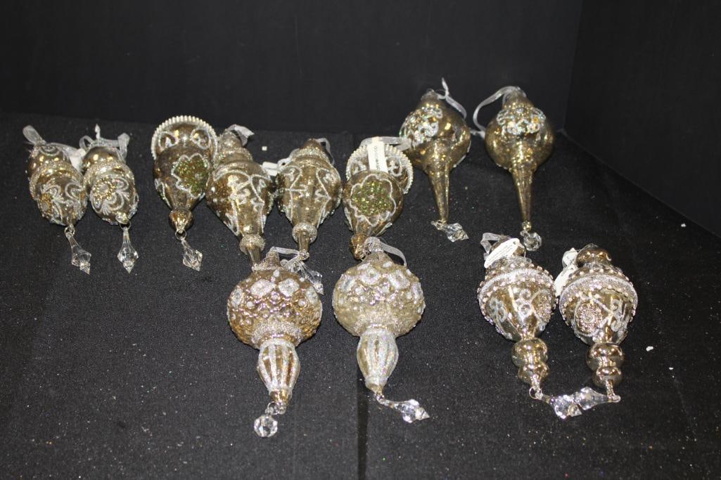 NEW Creative Co-Op embellished silver colored Christmas glass ornaments lot of 12: 12 embellished glass ornaments (size range 8"-10")