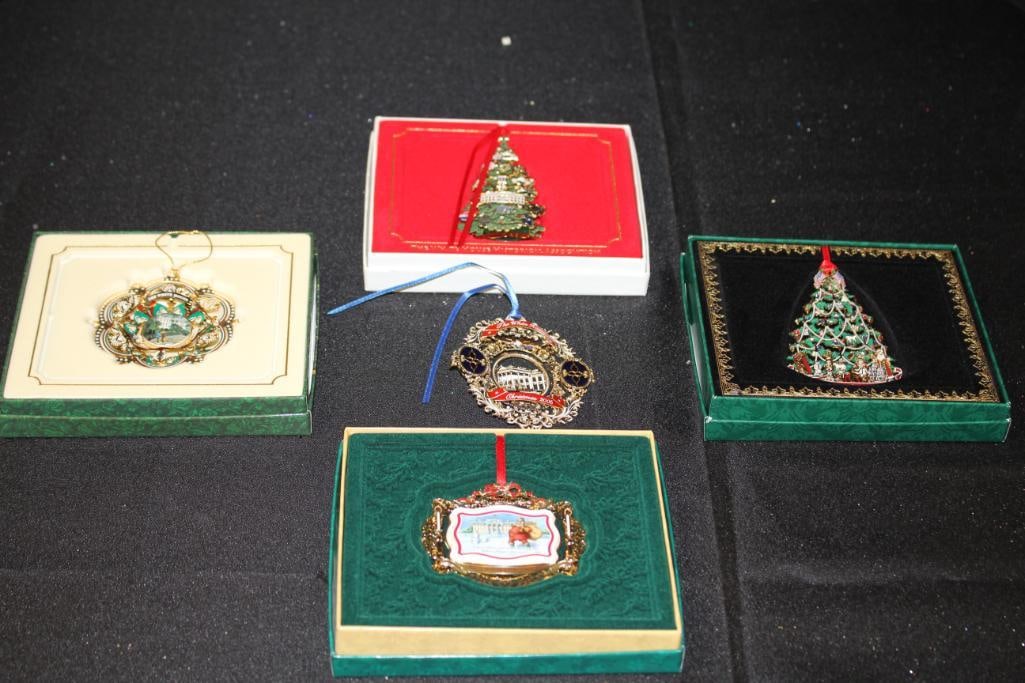 NEW lot of 5 White House Historical Association annual metal Christmas ornaments: 2015, 2011, 2008, 2006, 2005 The White House Historical Association annual metal ornaments