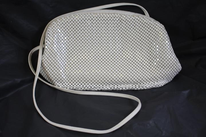 Whiting and Davis Shoulder Bag: Ivory enamel mesh, hinge closure, 12x6x2