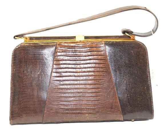 Vintage LBF England Lizard Skin RARE Handbag: RARE Lizard skin ladies handbag with LBF MADE IN ENGLAND on both inside goldtone bar frames. Measures: 10" l x 6"h x 3" w. Single strap 6" drop length. From the famous Connie DeNave's personal collect