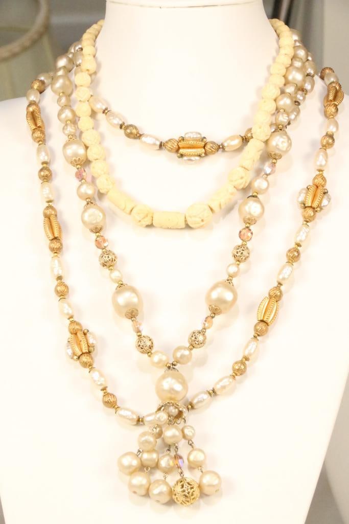 Lot of 3 Vintage Necklaces 2 Miriam Haskell: 3 Lovely Miriam Haskell necklaces (2 ARE SIGNED) in faux pearl, and good one with faceted AB beads. Signed necklaces are 17" and 24STUNNING, BRILLIANT Large round rhinestones and large teardrops and p
