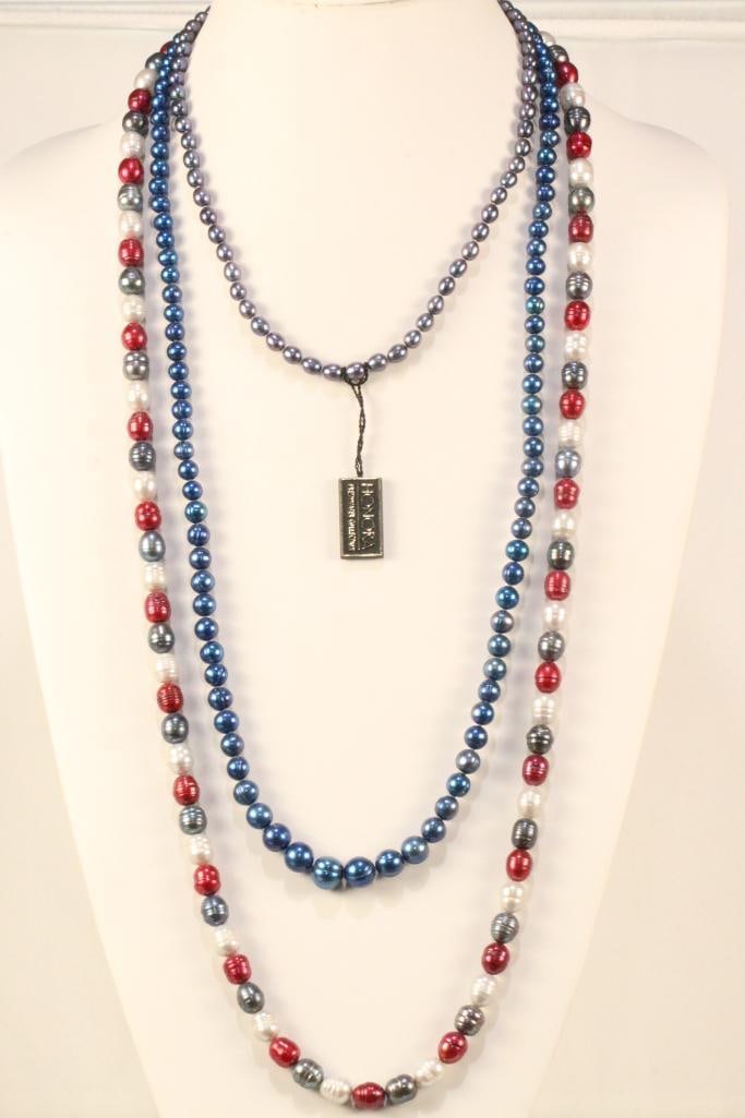 NEW Designer Honora Pearl Sterling Silver Lot of 3 Necklaces blue, Red-White-blue Patriotic (1 of 6)