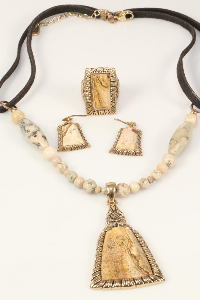 Designer Barse African Opal Brass Parure Necklace, Earrings, Ring (1 of 11)